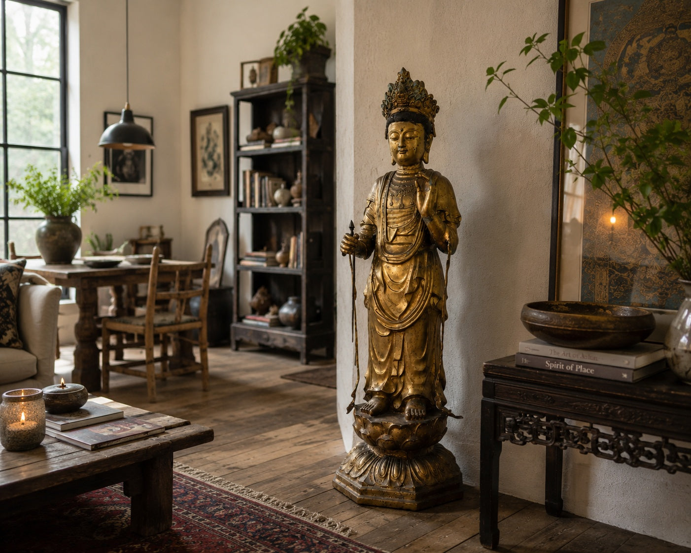 Minimalistisch-luxe interieursetting met console-tafel en vaas, ontworpen als de ideale context voor de plaatsing van het monumentale 113 cm Japanse meesterwerk brons.