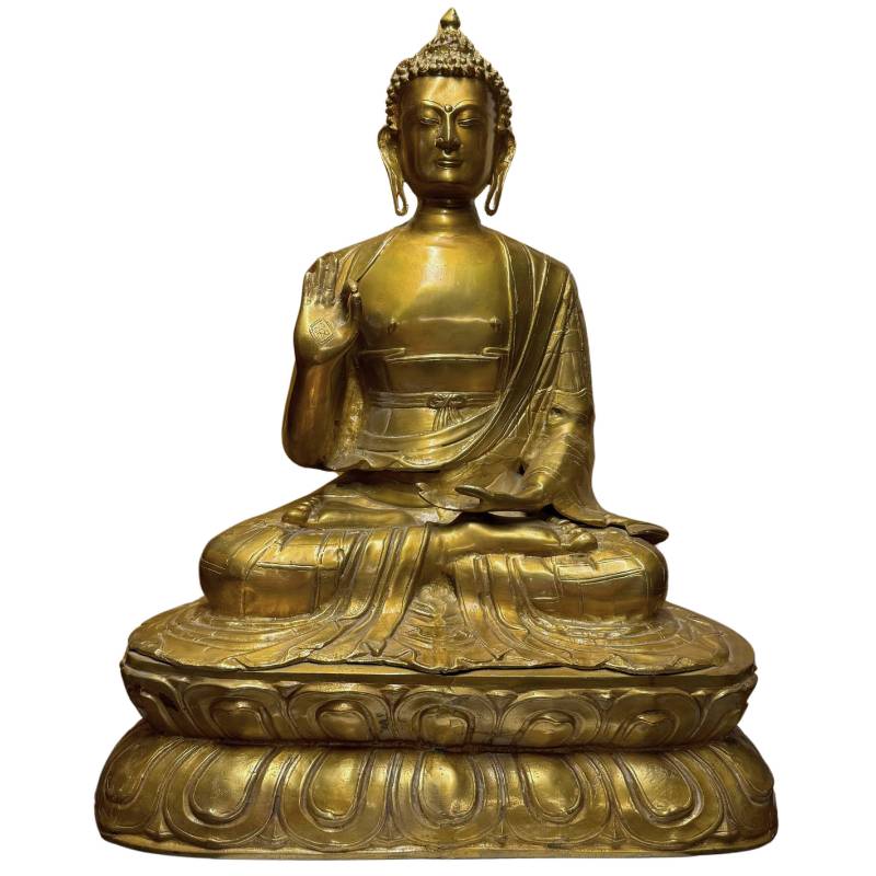 Monumentaal verguld Tibetaans Shakyamuni Boeddha beeld als symbool voor bescherming, rust en spirituele veiligheid