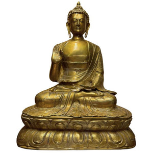 Monumentaal Verguld Tibetaans Shakyamuni Boeddha Beeld – Monnikenwerk – Abhaya Mudra met Handgegraveerd Kasaya Gewaad