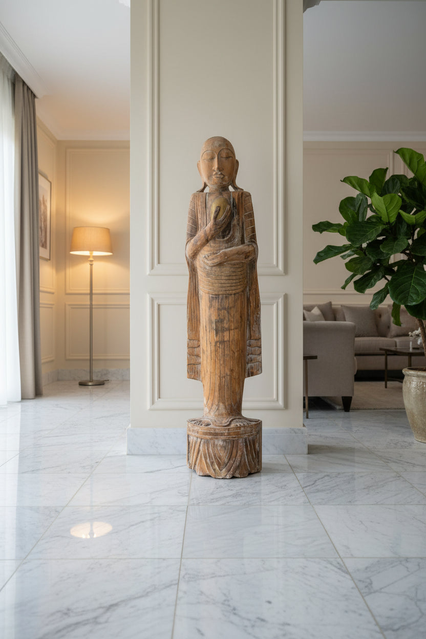 Monumental Antique Burmese Arhat – Carved Teak, 151.5 cm – front view