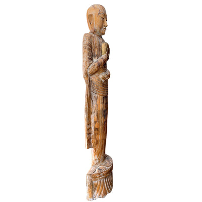 Monumental Antique Burmese Arhat – Carved Teak, 151.5 cm – left three-quarter rear view