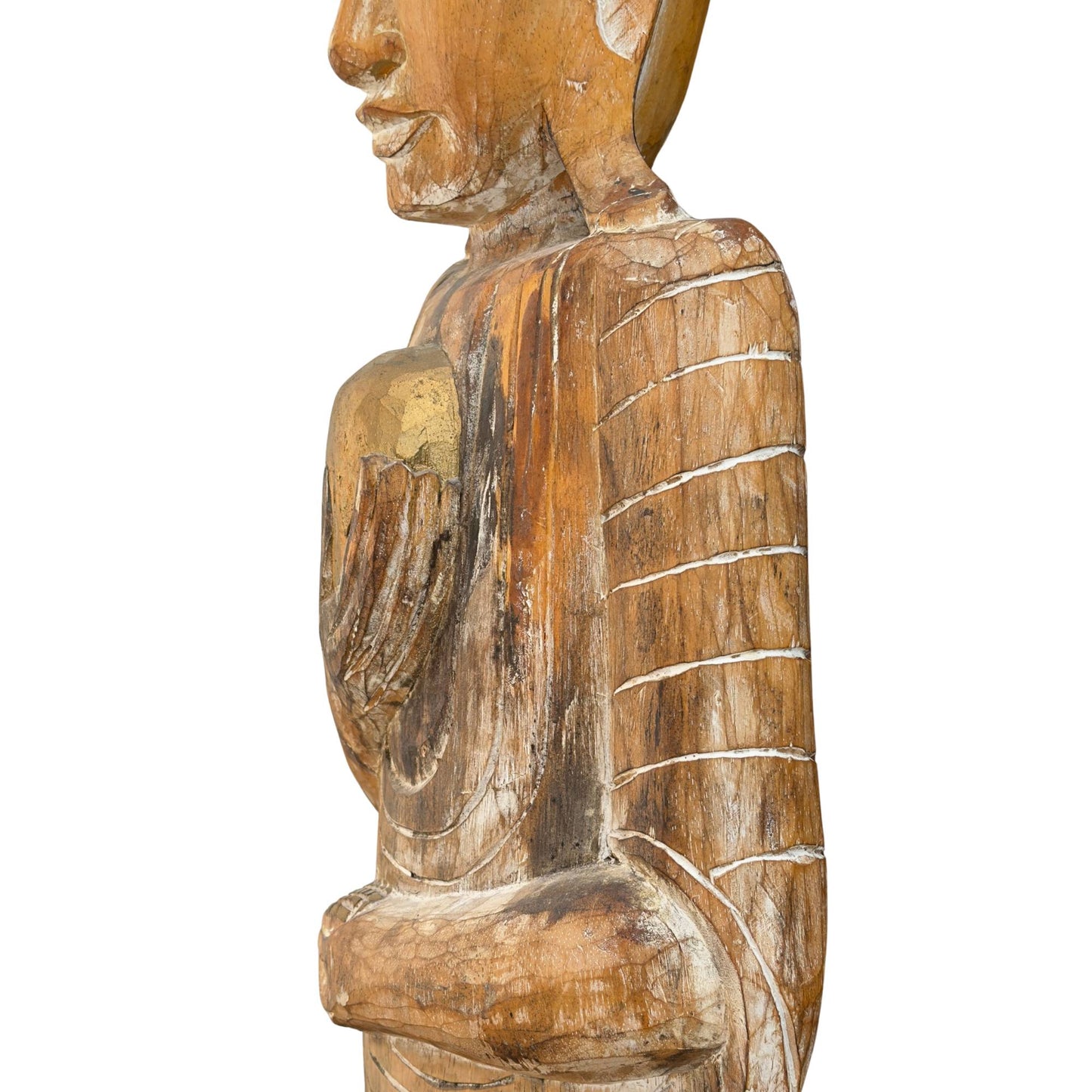 Monumental Antique Burmese Arhat – Carved Teak, 151.5 cm – close view of the central details