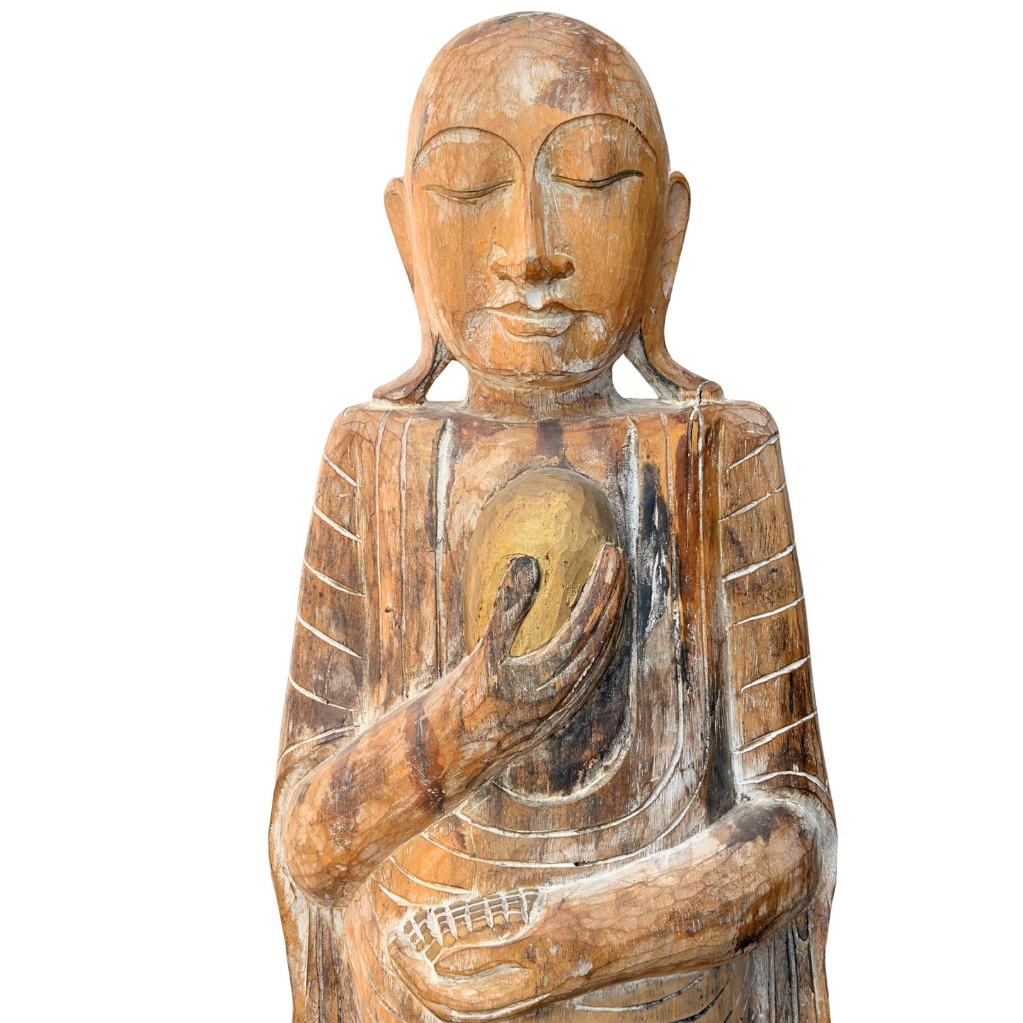 Monumental Antique Burmese Arhat – Carved Teak, 151.5 cm – left-side view