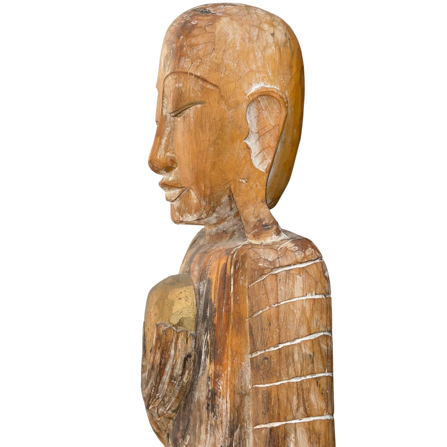 Monumental Antique Burmese Arhat – Carved Teak, 151.5 cm – close view of the upper section