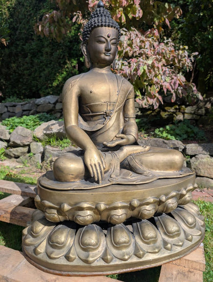 Monumental Antique Ladakh Buddha – Gilt Bronze, 67 cm – three-quarter front view