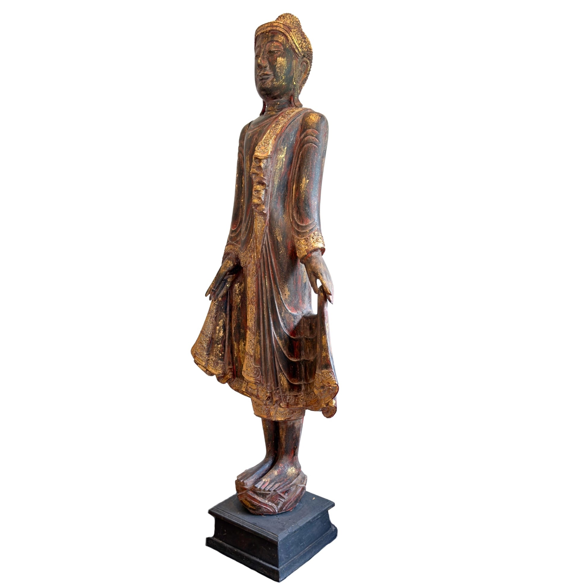 Full view of the 166 cm antique Burmese standing Buddha