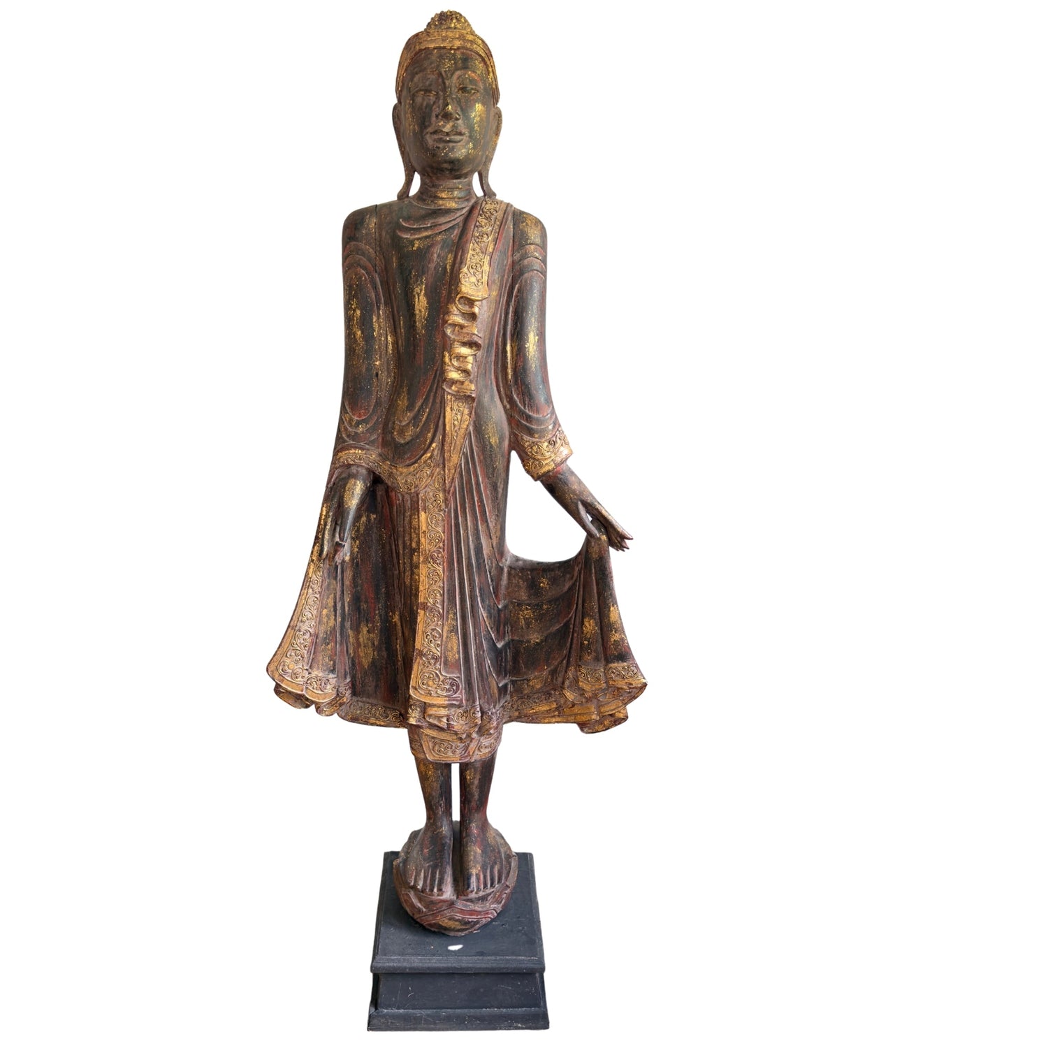 Monumental antique Burmese standing Buddha in gilt teak, front view