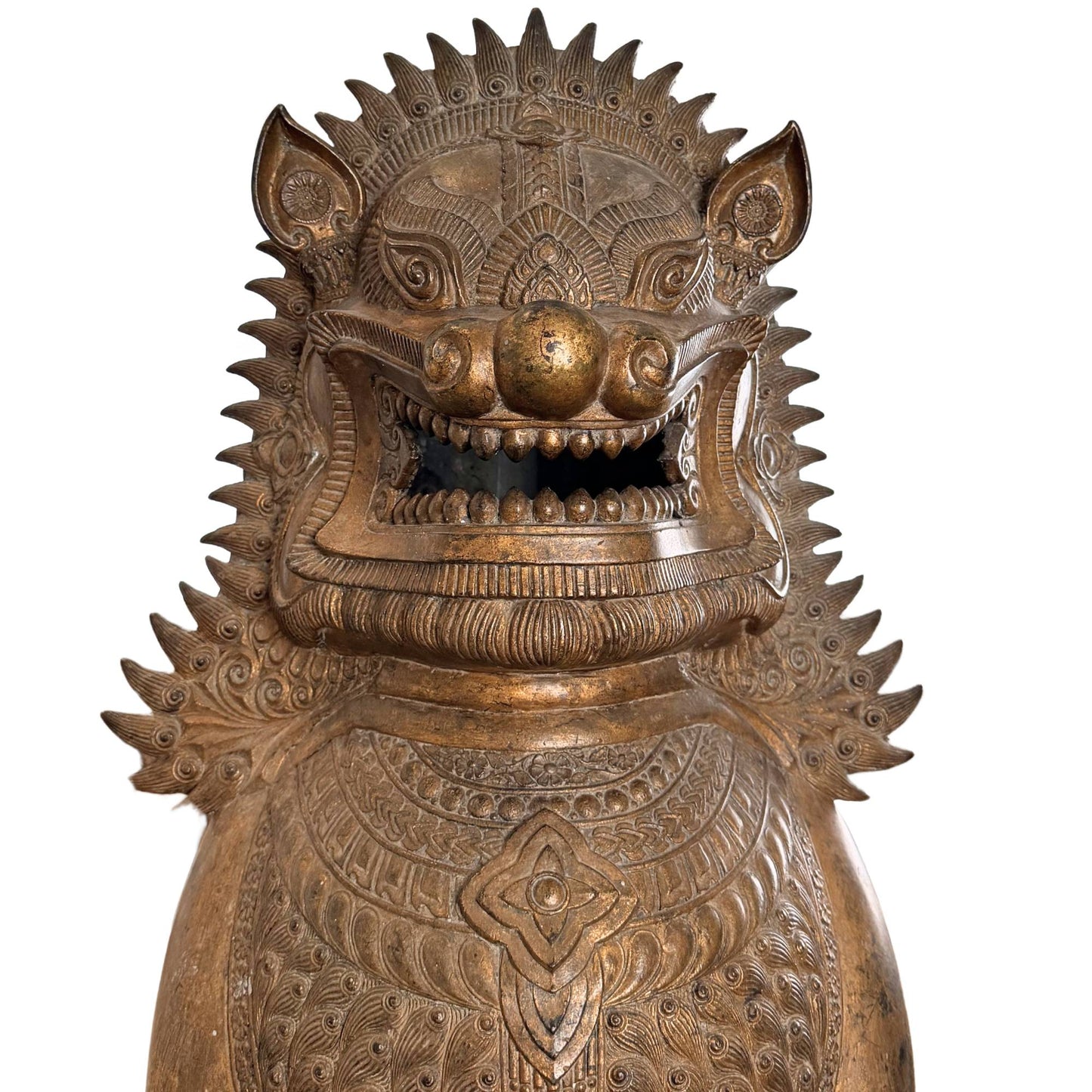 Monumental gilt Singha temple lion from Thailand, antique Buddhist guardian figure with rare ceremonial presence
