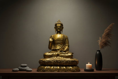 Monumental Himalayan Shakyamuni Buddha – Gilt Bronze, 71 cm – three-quarter front view