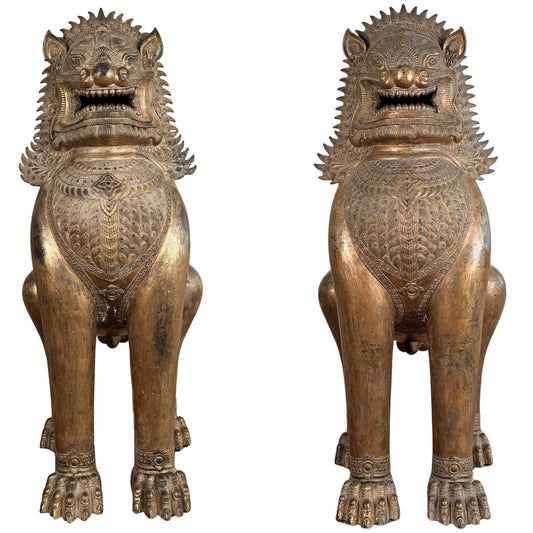 Monumental Pair of Thai Singha Temple Lions – Gilt Bronze, 103–104 cm – front view