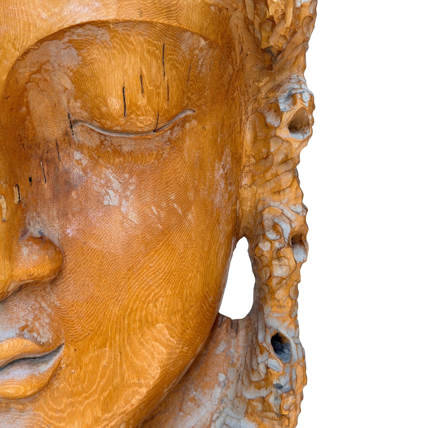 Monumental Vintage Guanyin Wall Sculpture – Carved Wood, 159 cm – right three-quarter rear view