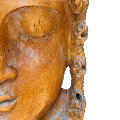 Monumental Vintage Guanyin Wall Sculpture – Carved Wood, 159 cm – right three-quarter rear view