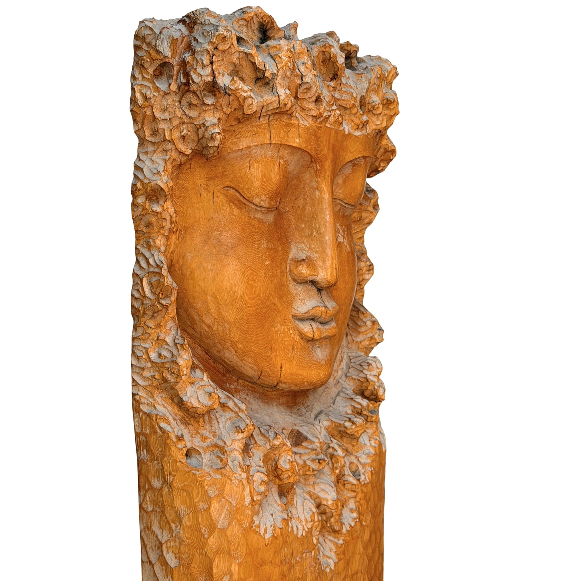 Monumental Vintage Guanyin Wall Sculpture – Carved Wood, 159 cm – decorative detail