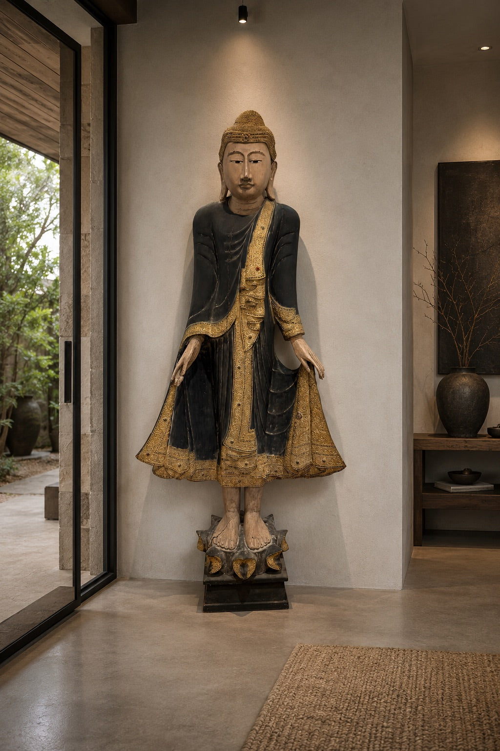 Monumentale Birmese Boeddha van hout, 190 cm hoog tempelbeeld met oude polychromie en vergulde details