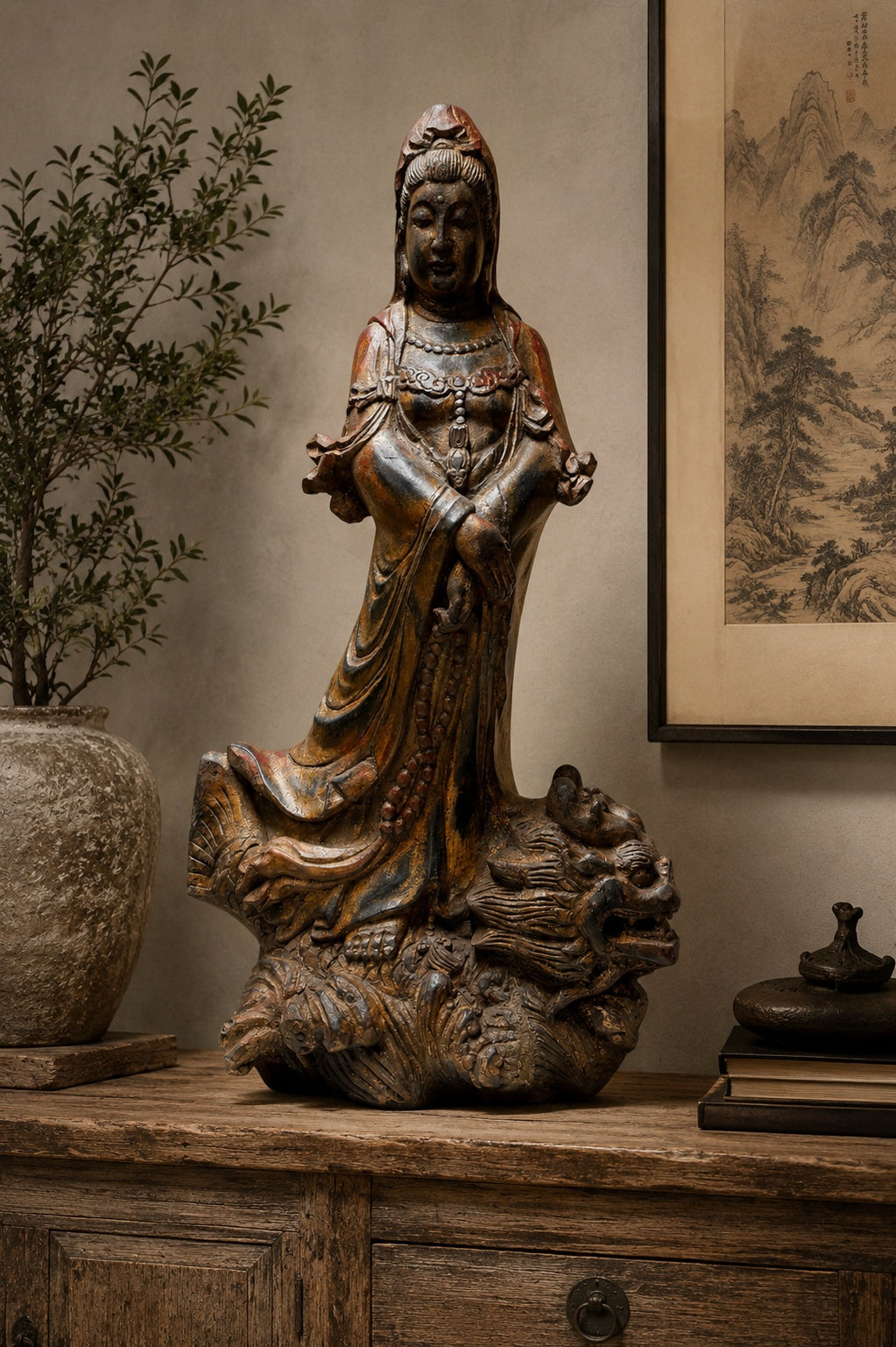 Monumentale houten sculptuur Kwanyin polychroom hout 81cm