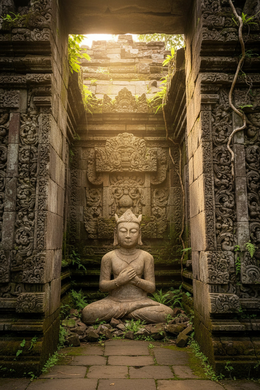 Monumentale Indonesische tempelfiguur in natuursteen met spirituele uitstraling