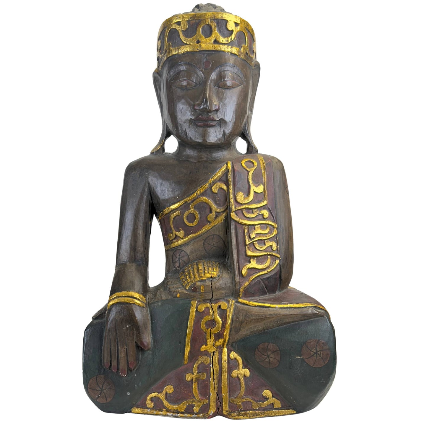 Frontaanzicht van de monumentale vintage Balinese handgesneden houten Jina Boeddha in Bhumisparsha mudra met gekroonde Mukuta hoofdtooi.