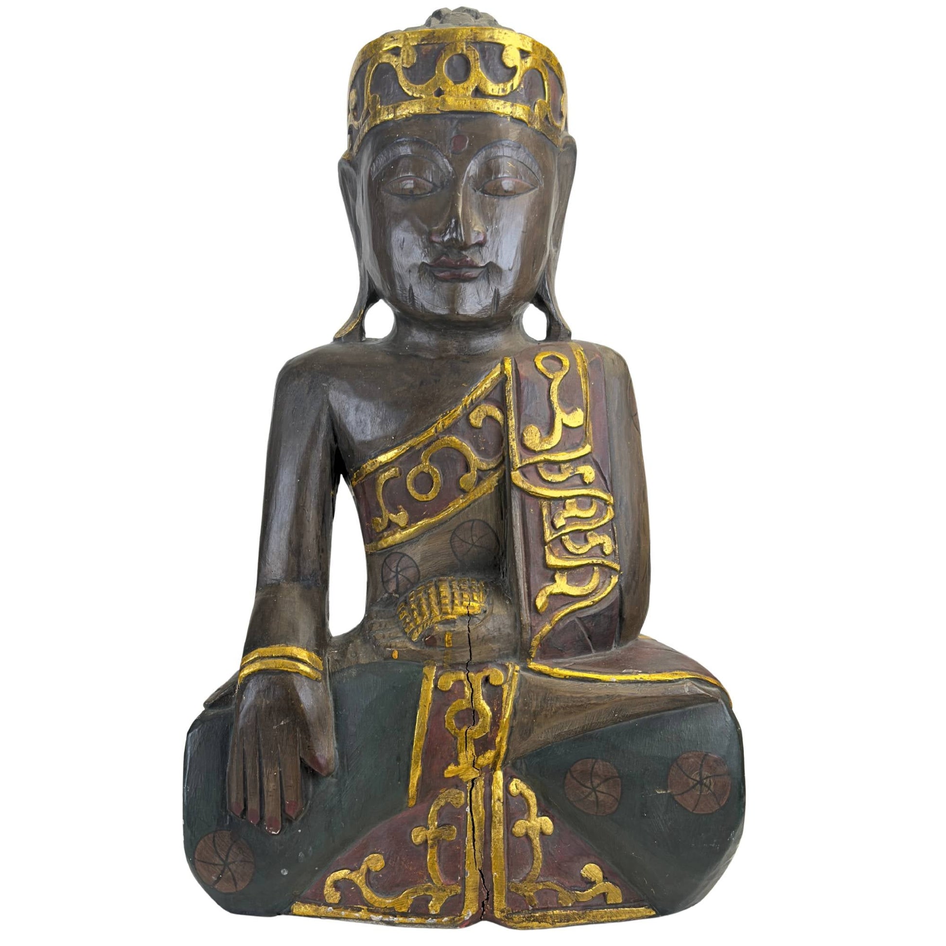 Frontaanzicht van de monumentale vintage Balinese handgesneden houten Jina Boeddha in Bhumisparsha mudra met gekroonde Mukuta hoofdtooi.