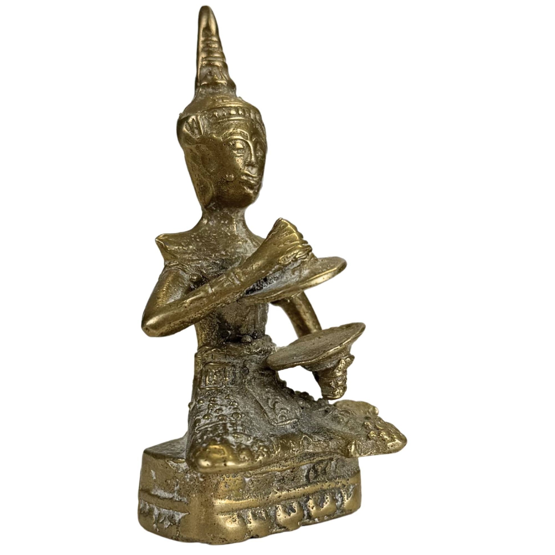 Kleine Thaise bronzen muzikantenfiguur met traditioneel instrument