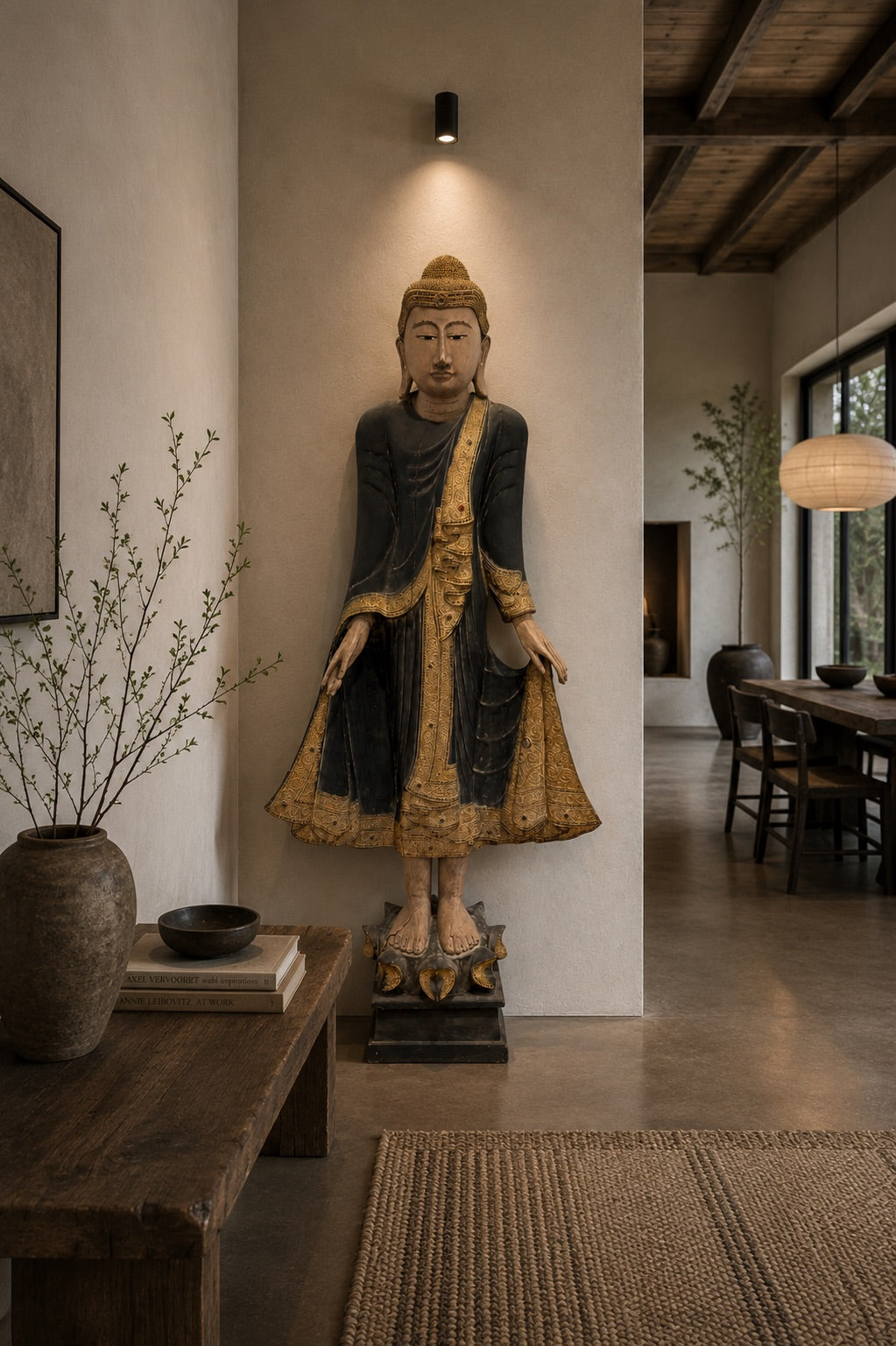 Myanmar Boeddha met oude polychromie, monumentaal 19e-eeuws houten tempelbeeld met authentieke gebruikssporen