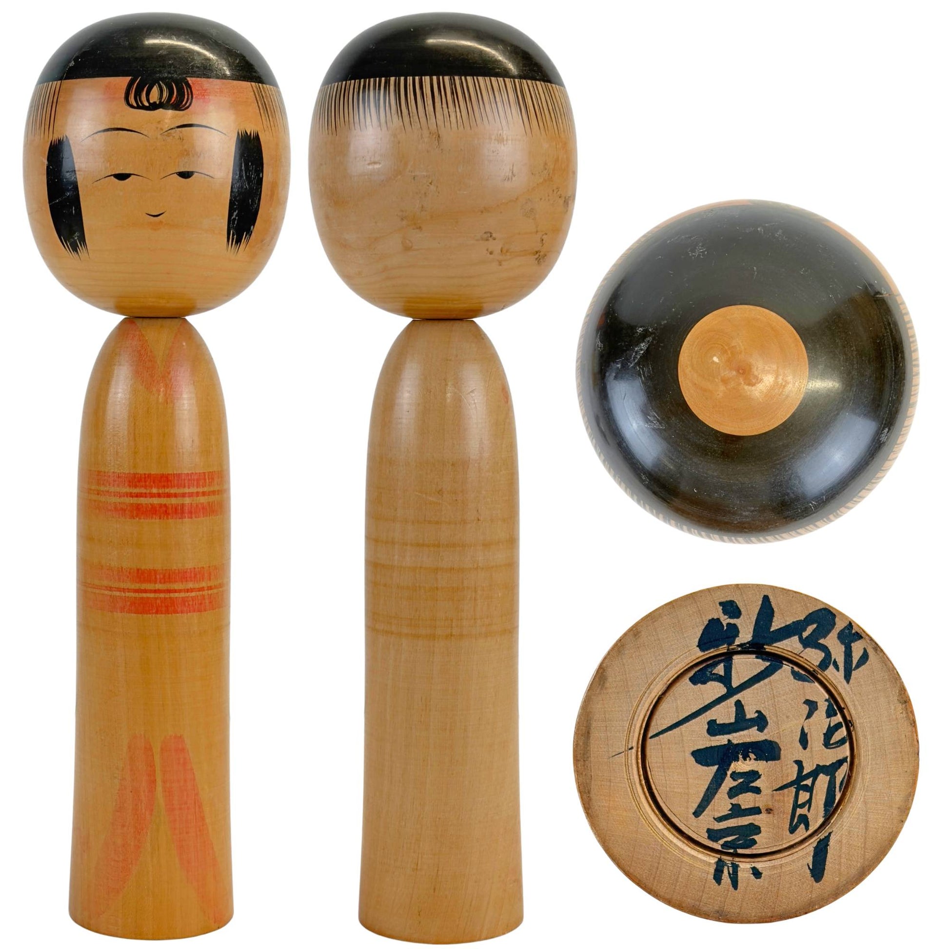 Traditionele Naruko Kokeshi van Tomohiro Kakizaki met voor-, achter-, boven- en onderaanzicht.