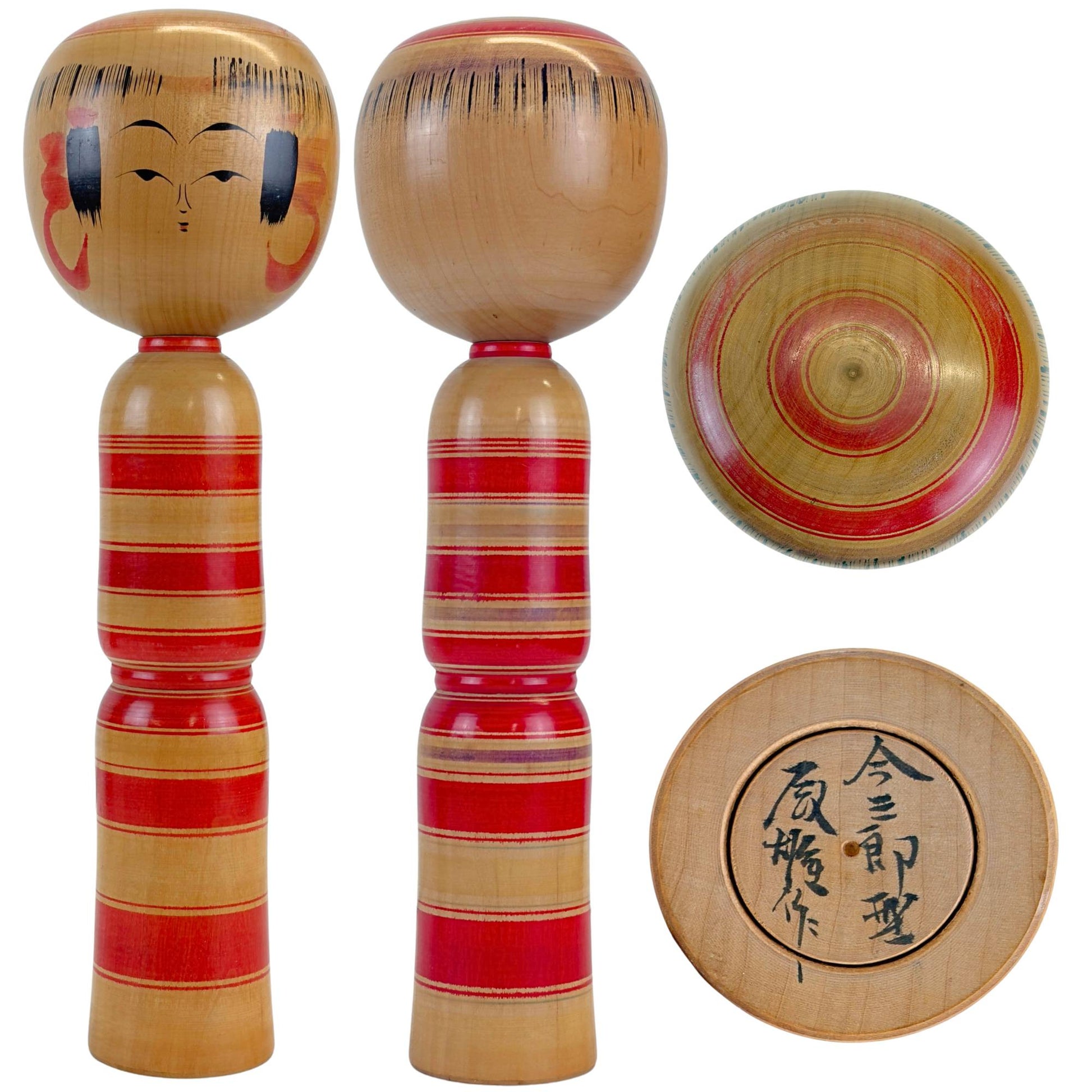 Traditionele Naruko Kokeshi van Tomohiro Kakizaki met voor-, achter-, boven- en onderaanzicht.