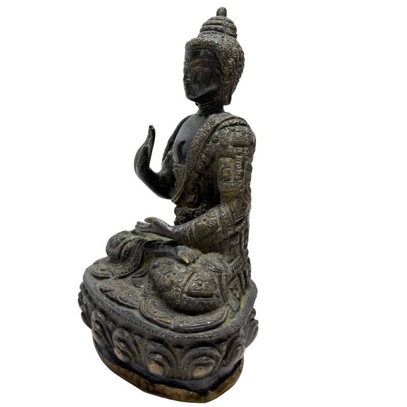 Opposite front angle of Abhaya Mudra Buddha on lotus base