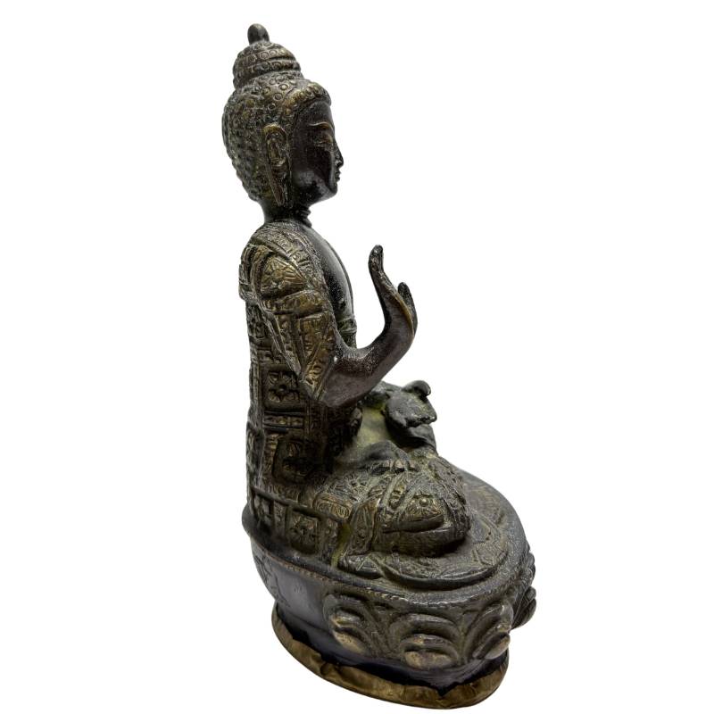 Side angle of Abhaya Mudra Buddha with engraved panel robe