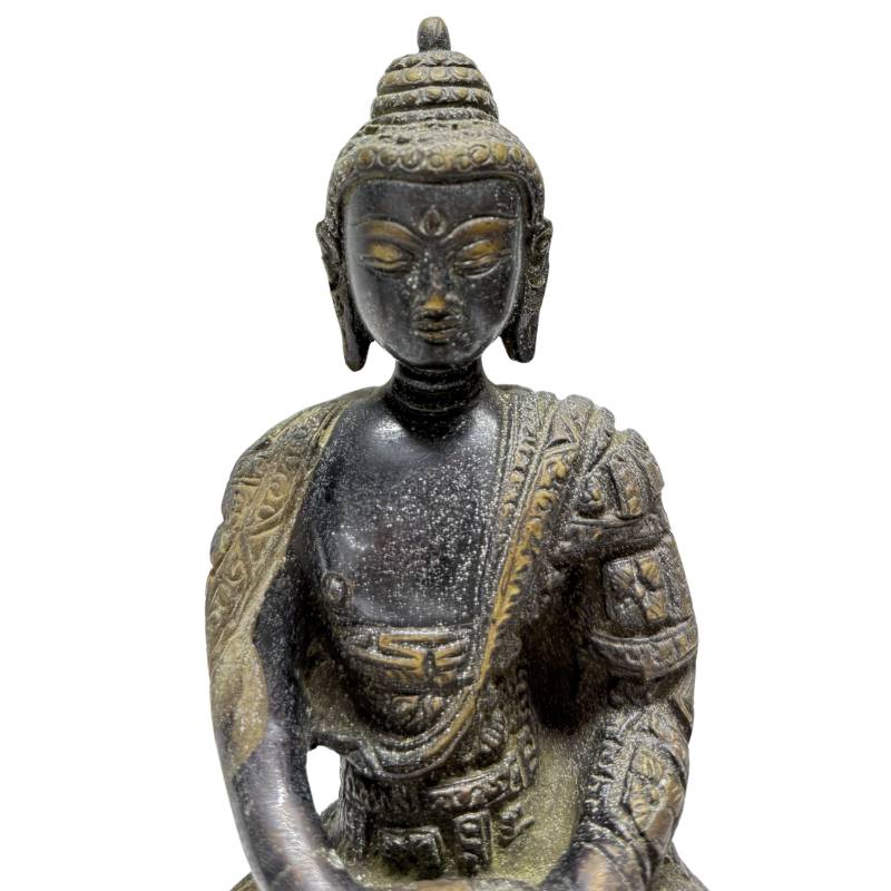 Close-up of gilded face and engraved robe of Dhyana Mudra Buddha