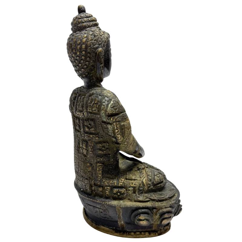 Rear angle of Dhyana Mudra Buddha showing engraved robe panels