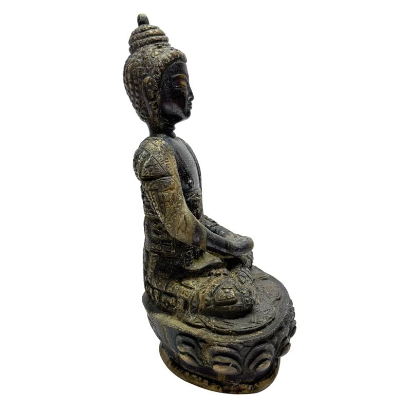 Side view of Dhyana Mudra Buddha with engraved robe and lotus base
