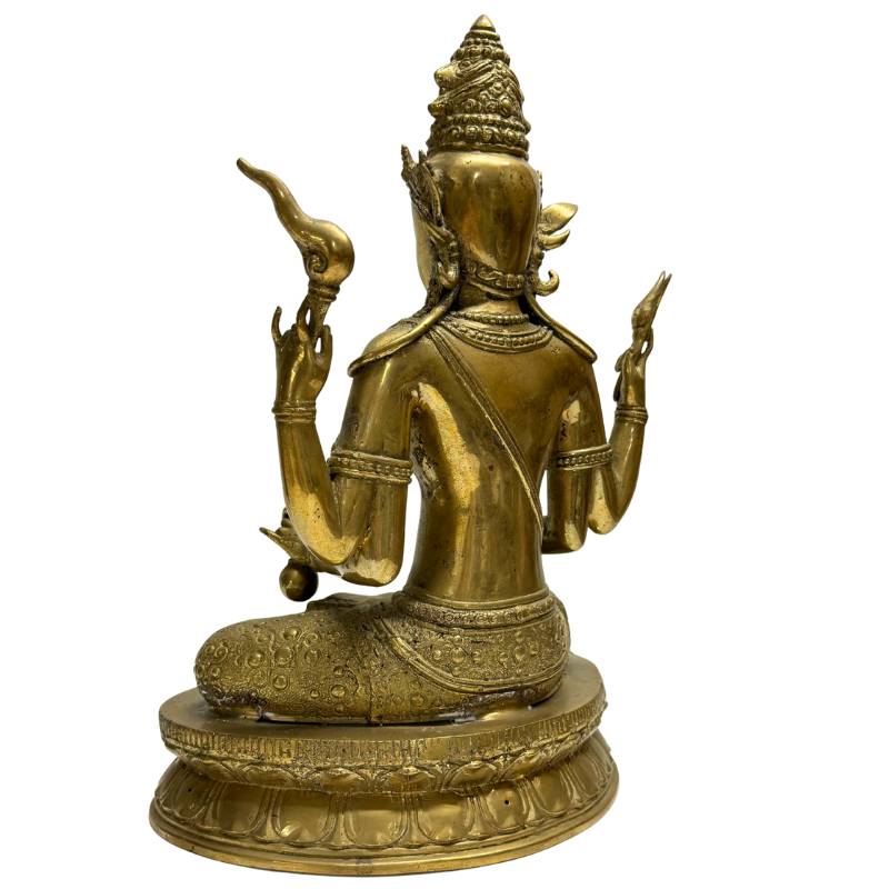 Rear-left view of the gilt-bronze Avalokiteshvara with natural surface wear