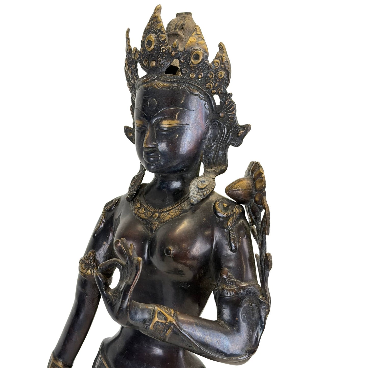 Face and upper-body detail of the antique Nepalese Green Tara with crown and historic gilding