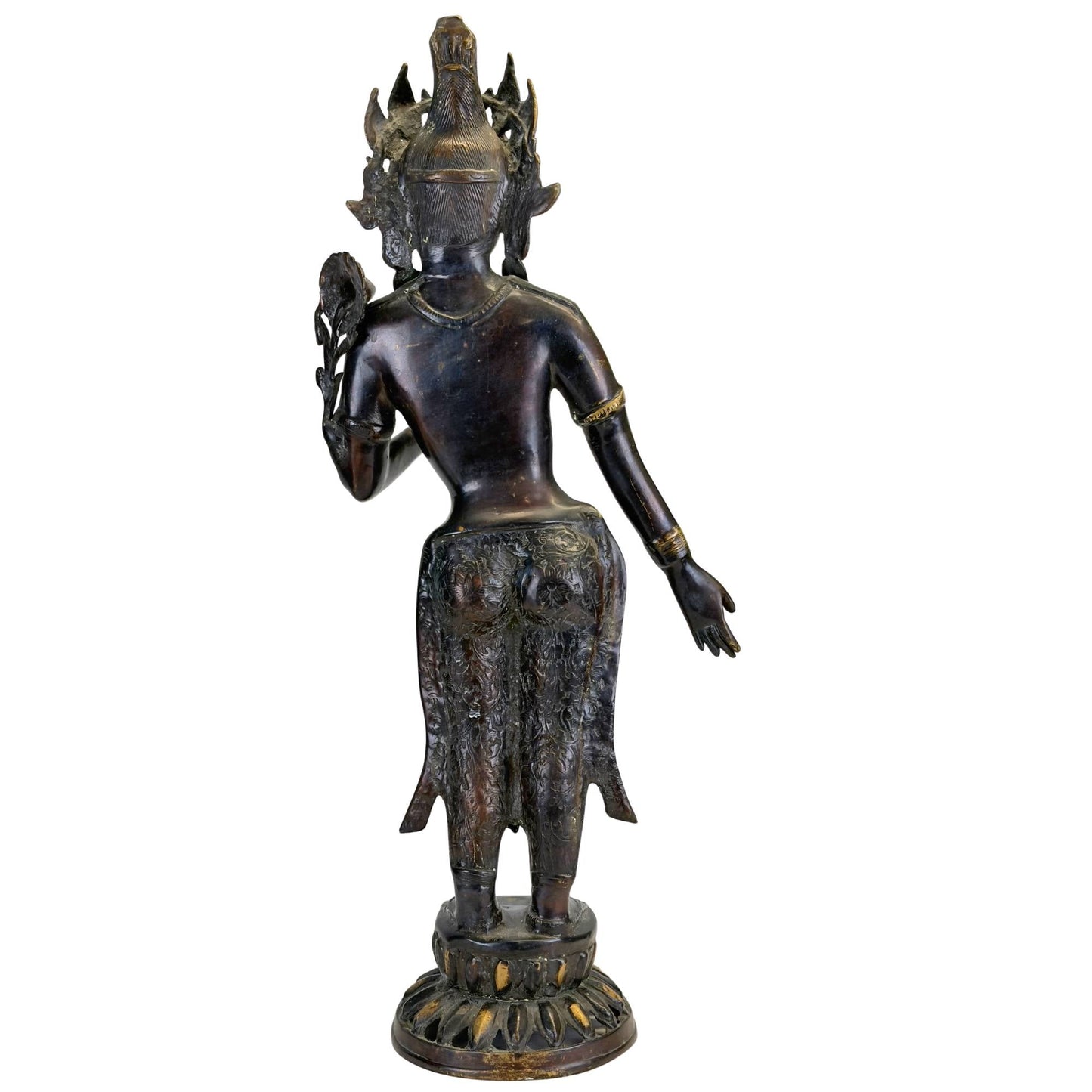 Rear left profile of the antique Nepalese Green Tara with lotus stem and dark patina