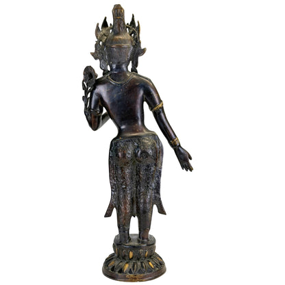 Rear left profile of the antique Nepalese Green Tara with lotus stem and dark patina