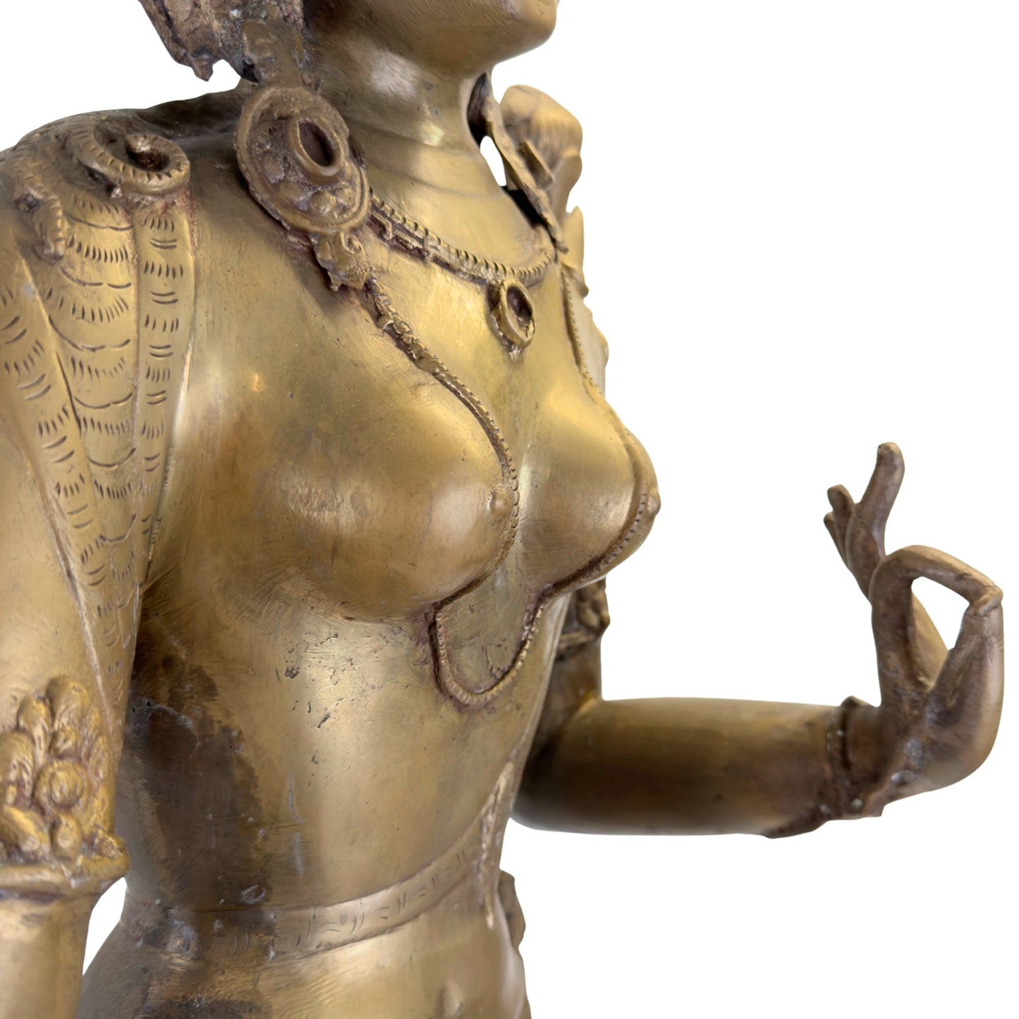 Upper body, jewellery and historic gilding detail of the antique Nepalese Green Tara