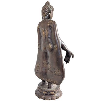 Nepalese Standing Buddha – Bronze, Vitarka & Varada Mudra, 27.5 cm – left three-quarter rear view