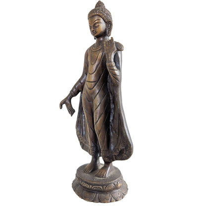 Nepalese Standing Buddha – Bronze, Vitarka & Varada Mudra, 27.5 cm – opposite three-quarter front view
