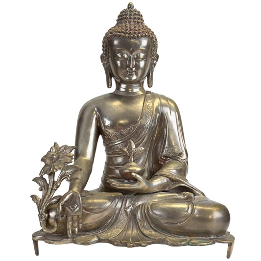 Double lotus base of the silvered Newar Medicine Buddha with chased petal detail