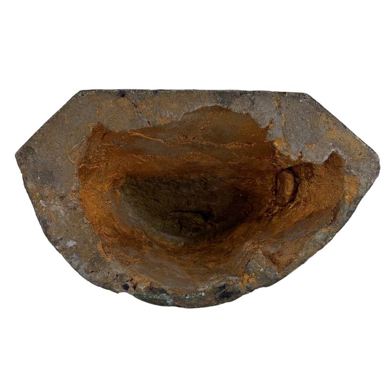 Open underside of the Northern Sukhothai–Lan Na bronze Buddha revealing the original clay core and historic lost-wax casting surfaces