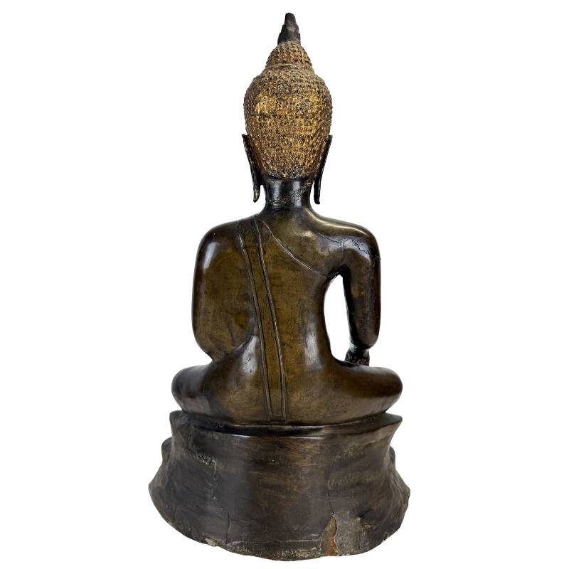 Rear view of Northern Thai bronze Buddha showing robe lines and pedestal