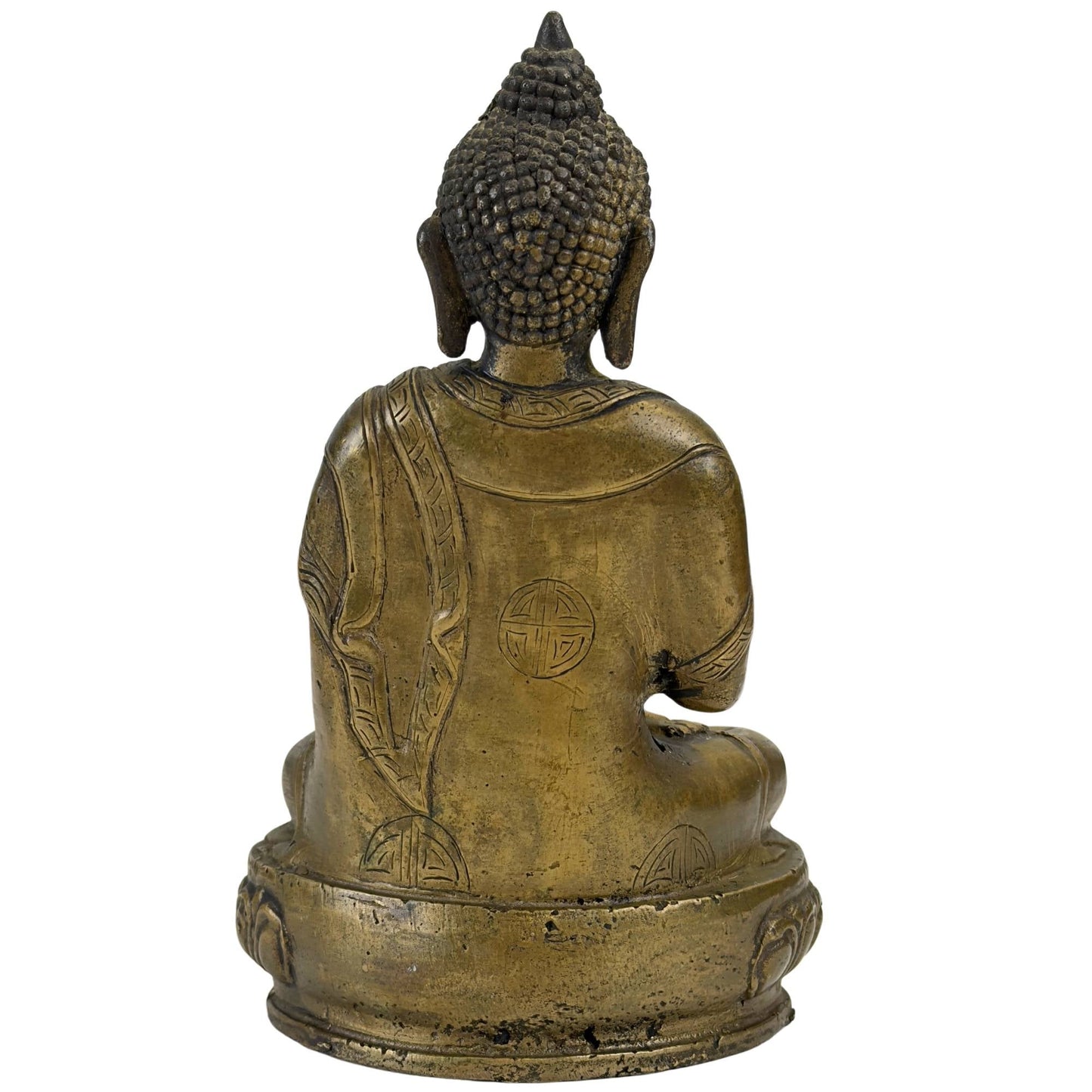 Volledig achteraanzicht van de antieke Boeddha uit de Qing-dynastie met de diepe, droge olijf-bronzen patina