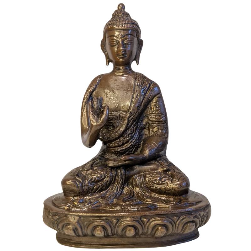 Front view of seated bronze Buddha in Vitarka Mudra on lotus base