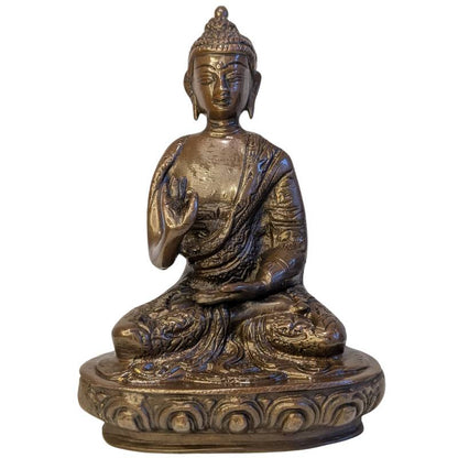 Front view of seated bronze Buddha in Vitarka Mudra on lotus base