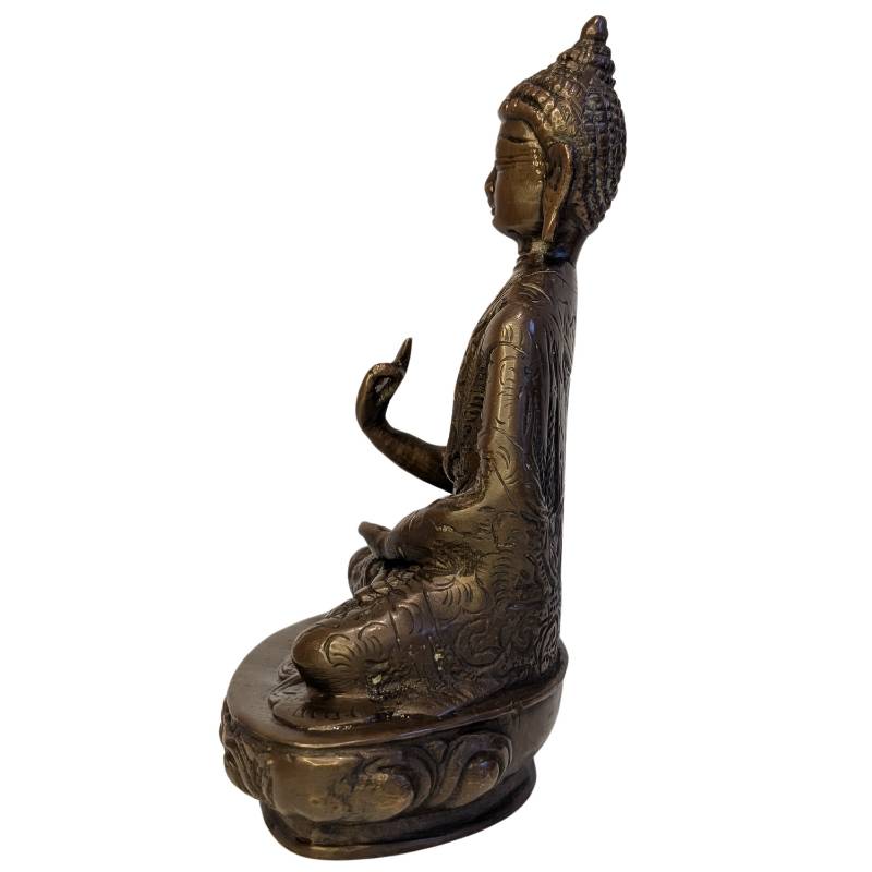 Left profile of seated bronze Buddha on lotus base