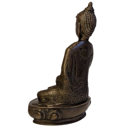 Rear-left view of seated bronze Buddha showing decorated robe and lotus base
