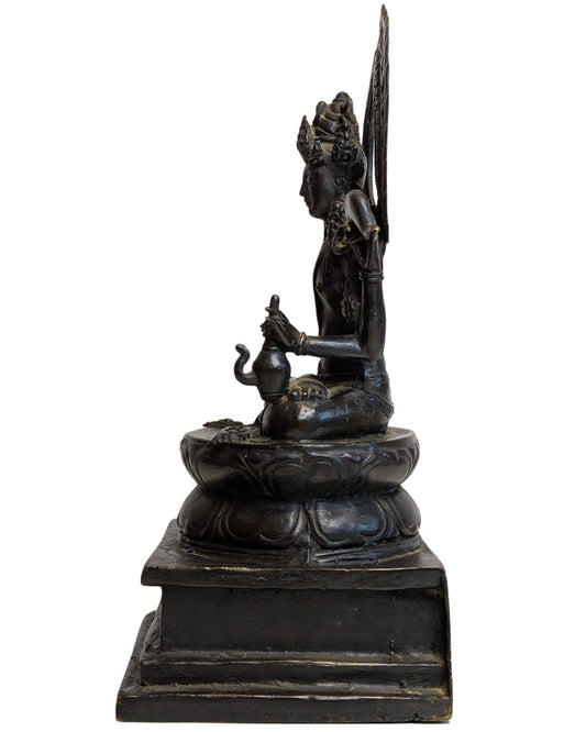 Left profile of seated bronze Vishnu showing the stepped lotus base, conch shell and aureole