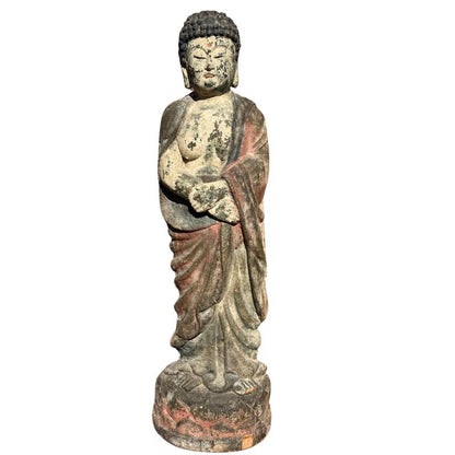 Old Chinese Guanyin – Polychrome Carved Wood, 80 cm – front view