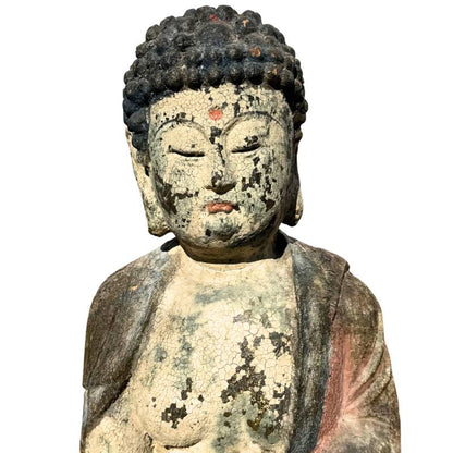 Old Chinese Guanyin – Polychrome Carved Wood, 80 cm – three-quarter front view