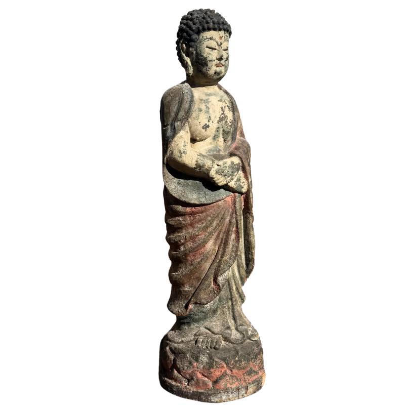 Old Chinese Guanyin – Polychrome Carved Wood, 80 cm – left-side view